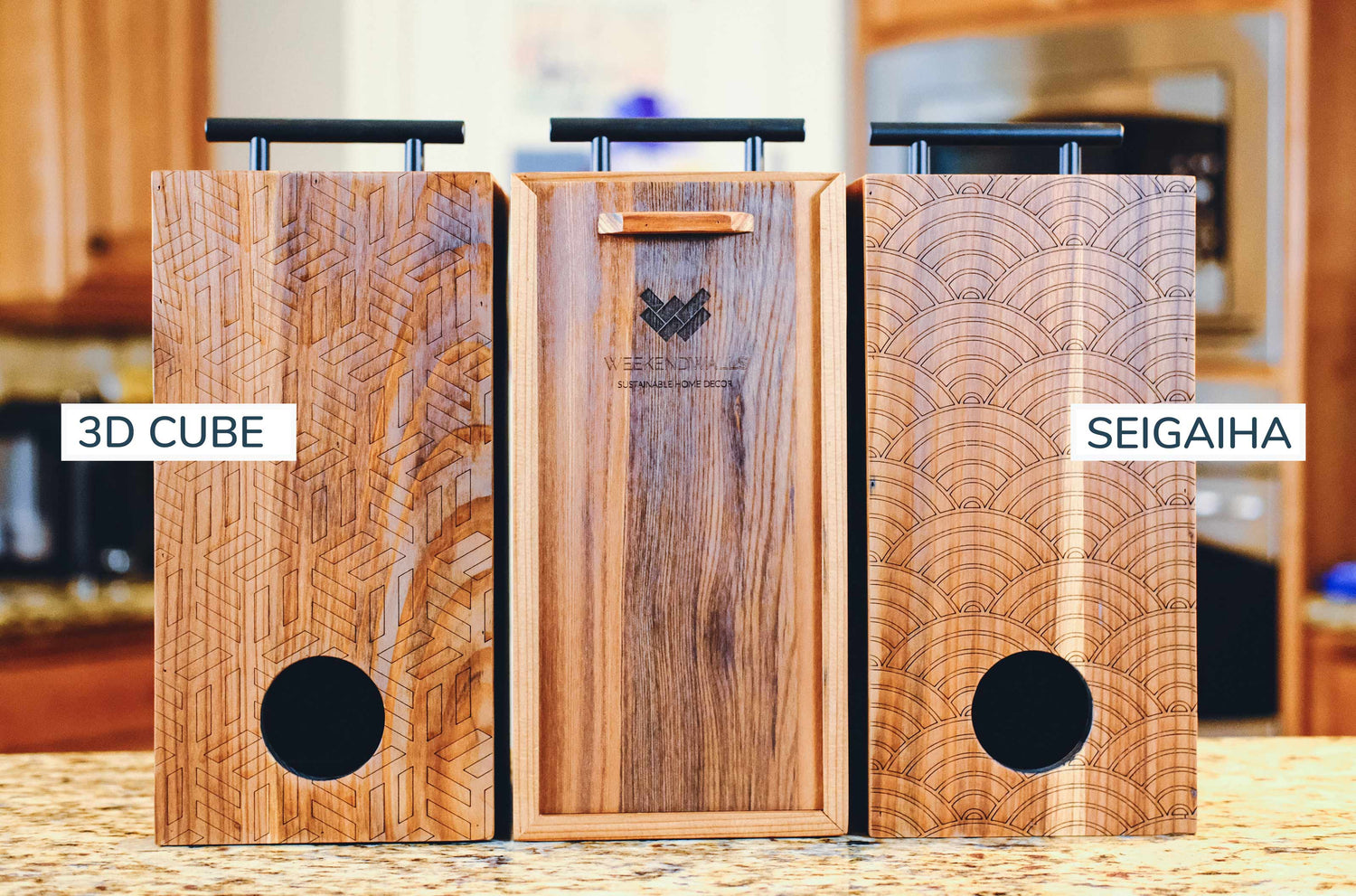 Weekend walls wine beverage dispensers with engraved patterns, sliding door with engraving and handles.