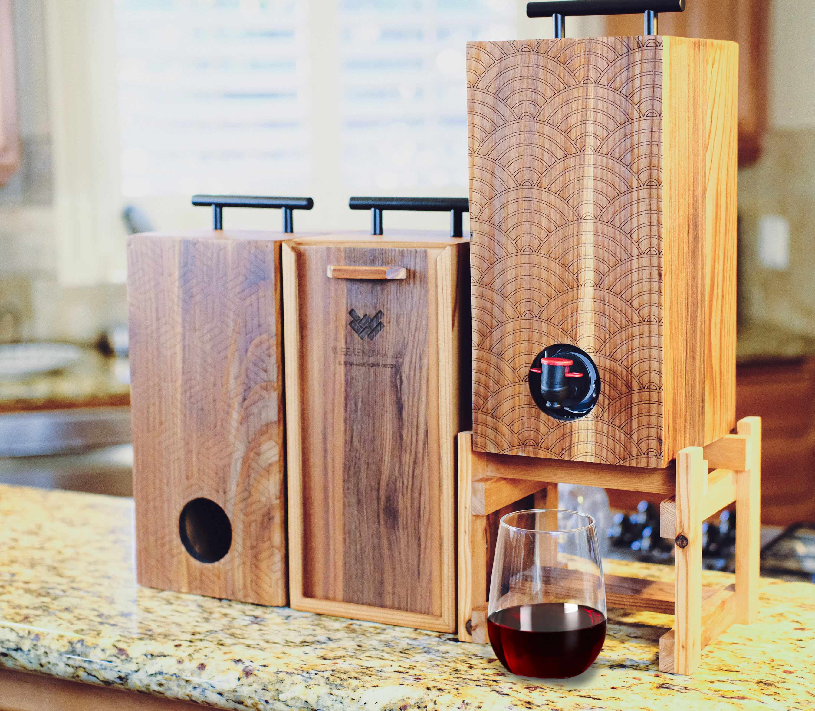 Weekend walls BevBox beverage dispenser with red wine in stemless wine glass 